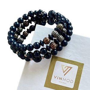 Vintage Navy, Bronze & Brass Beads Upcycled - VINMOD Designs Wire Bracelet